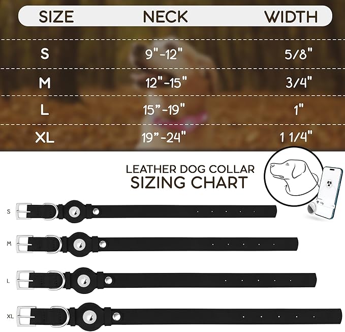 Leather Dog Collar with Airtag Holder - Apple Air Tag Dog Collars - Soft Tracking GPS Pet Collar for Small Medium Large Dogs Breed Puppy (Black, M, 12"-15" Neck Fit)