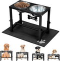 Elevated Dog Bowls, 4 Height Adjustable Metal Raised Bowl Stand with 2 Thick Stainless Steel Food Bowls & Spill-Proof Mat, Adjusts to 13.6'', 12.2'', 10.9'', 9.5'' for Large/Medium Breeds. Black