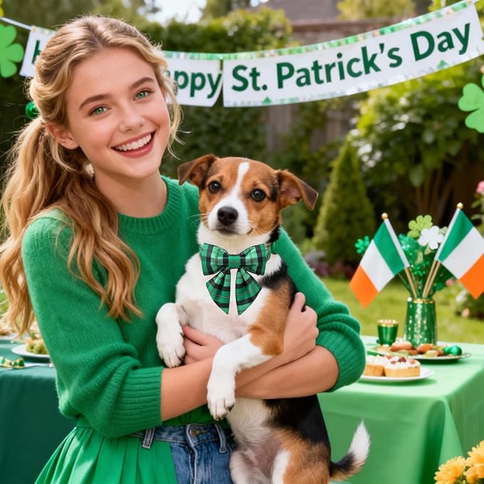 DOGWONG St. Patrick's Day Dog Collar with Sailor Bowtie, Green Plaid Bowtie Dog Collar for Small Medium Large Dogs,XL