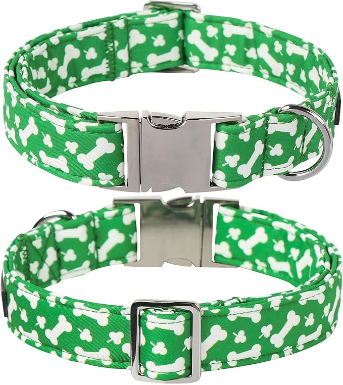 Lionet Paws St. Patrick Green Dog Collar, Bone Dog Collar for Large Dogs, Adjustable Cotton Clover Pet Collars for Medium Large Dogs