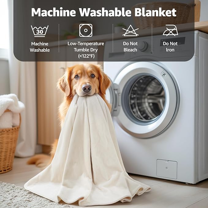 LOOBANI Waterproof Blanket for Bed: Reversible Soft Flannel Queen Bed Blanket 80" x 90", Waterproof Dog Blankets for Large Dogs, Spill-Proof Cover for Furniture Protection, Movie Time, Beige
