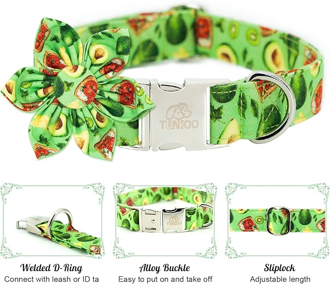 Tunkoo Dog Collar Avocado Floral Bow Tie Unique Style Super Soft Comfy Adjustable Cotton Collar with Premium Metal Buckle, for Puppy and Cat Small Medium Large Pet Supplies（Avocado，Flower, S）