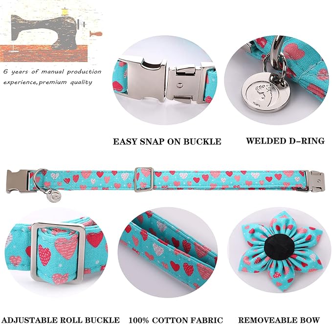 DOGWONG Valentine's Dog Collar with Flower - Blue Heart Adjustable Cotton Heart Dog Collar - Perfect for Small, Medium, Large Dogs
