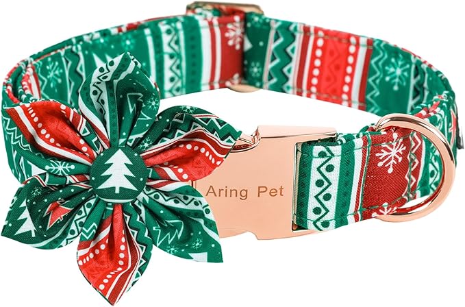ARING PET Christmas Dog Collar, Cute Folk Xmas Red Green Detachable Flower Pet Collars with Metal Buckle for Puppy Small Medium Large Boy Girl Dogs-L
