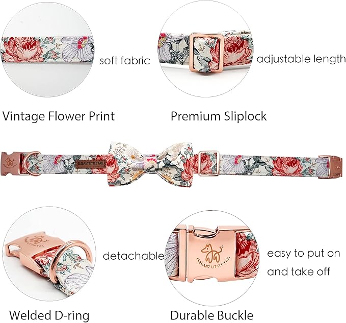 Elegant little tail Vintage Floral Dog Collar with Bow, Comfotable Dog Bowtie, Dog Collar Bow Adjustable Dog Collars for Small Medium Large Dogs