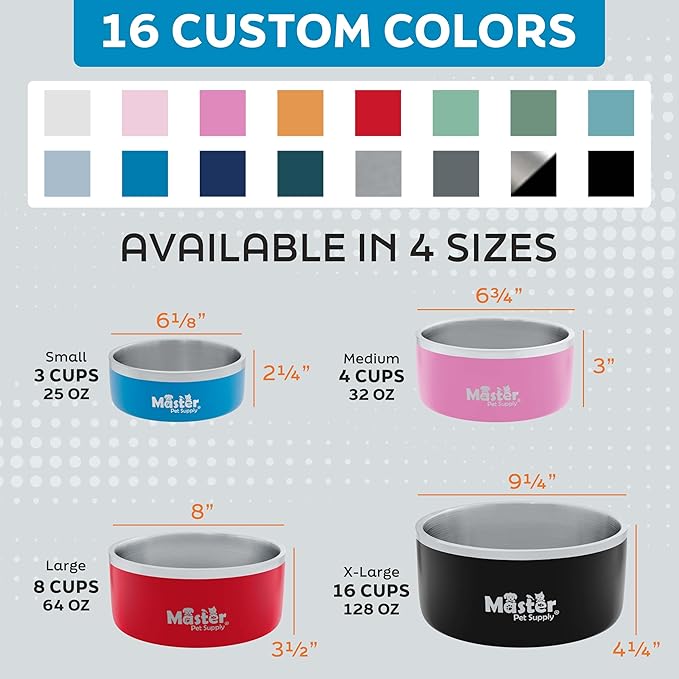 Master Pet Supply Stainless Steel Dog Bowls - 32 oz, Heavy Duty - Glacier Blue, Double Wall Extra-Thick Insulated, Non-Slip Pet Water Bowl for Dogs, Cats & Pets, Anti Rust Metal, Dish Washer Safe