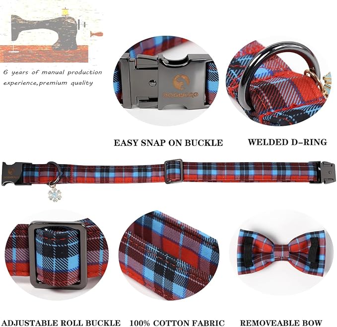 DOGWONG Christmas Dog Collar with Bow Tie, Red Blue Plaid Dog Collar Durable Metal Buckle Adjustable Soft & Cute Red Checkered Dogs Collars for Small Medium Large Dogs, S