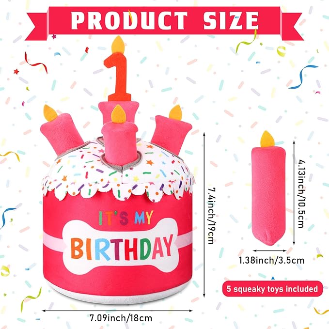 Dog 1st Birthday Cake Toy Squeaky Interactive Dog Toy Hide and Seek Plush Dogs Puzzle Puppy Toys for Boredom Keep Them Busy for Small Medium Dogs(Pink)