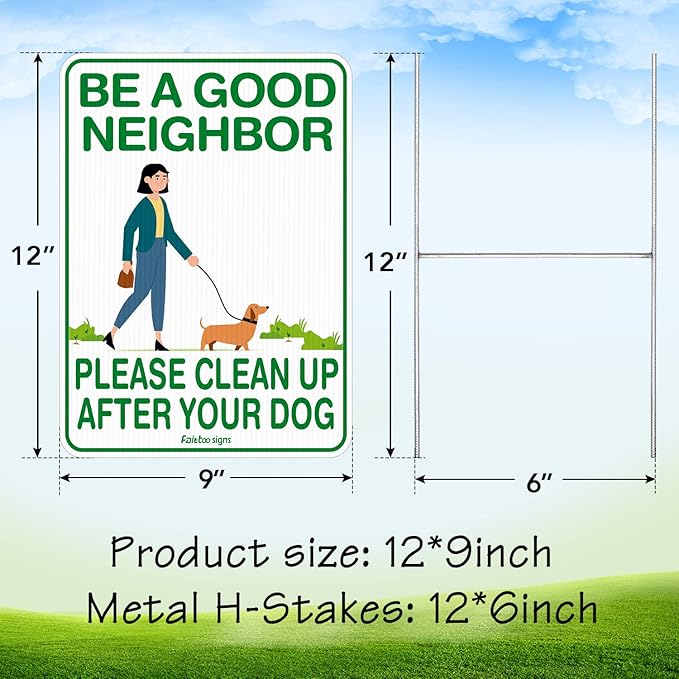 Faittoo Clean Up After Your Dog Signs (2 Pack) 12"x9" Double Sided with Metal H-Stake No Poop Signs for Lawn, Weather Resistant, Easy to Mount