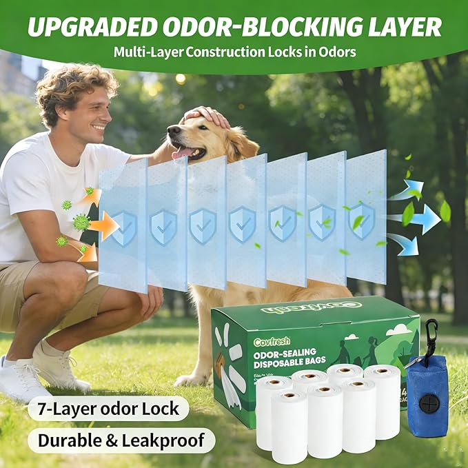 Odor-Sealing Dog Poop Bags with Dispenser, 140 Bags (7 Rolls) Unscented & Leak-Proof Poop Bags for Dog, Block Smells & Keeps Walks Fresh