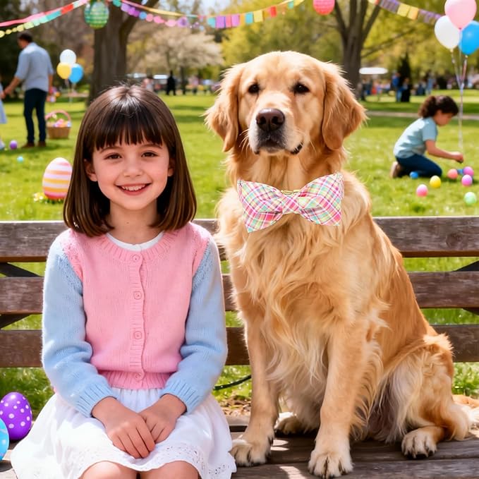 DOGWONG Easer Dog Collar with Bow,Colorful Plaid Dog Collar, Adjustable Durable Soft Easter Dog Collars for Male Female Dogs,XL