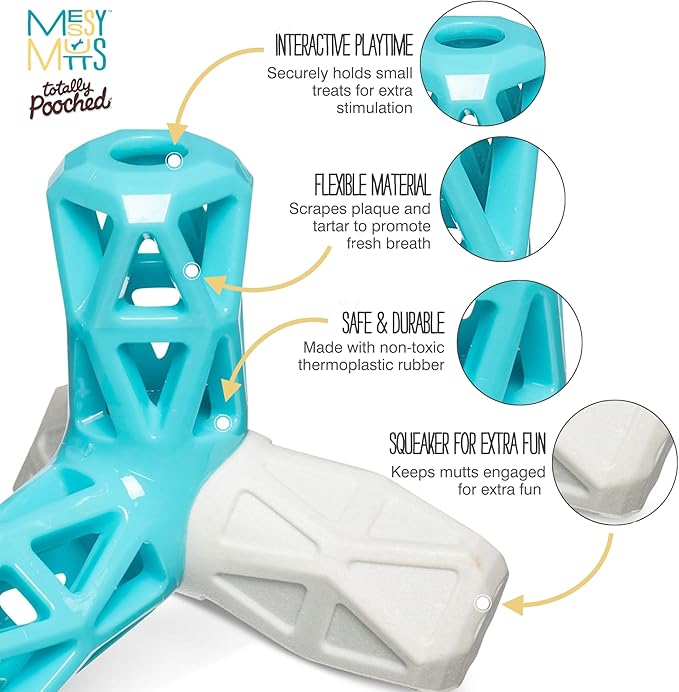 Messy Mutts Totally Pooched Squeak n' Stuff Pyramid | 5” TPR Dog Toy with Squeaker | Made for Tough Chewers | Interactive Treat Puzzle for Dogs | Grey/Teal