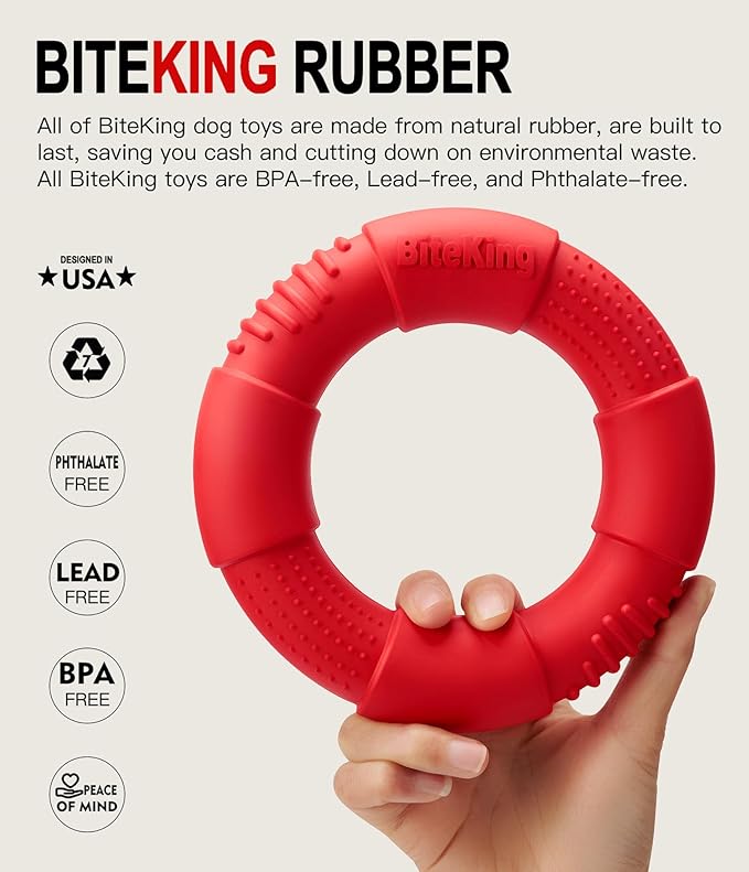 Natural Rubber Dog Ring Toy for Large Aggressive Chewers - Lifetime Replacement - Indestructible Tug Fetch Toy for Large Breed - Durable Tough Dog Chew Toy for Super Chewer, Red