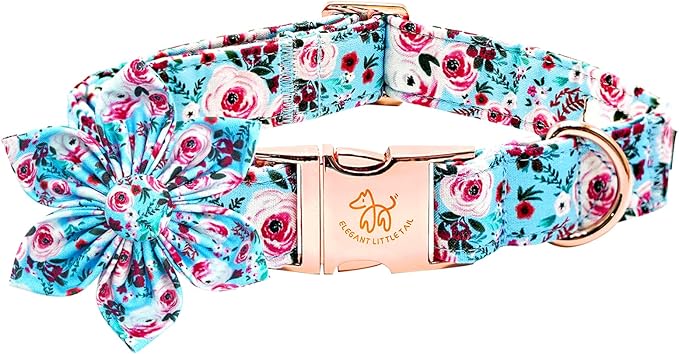 Elegant little tail Dog Collar with Flower, Pink Rose Print Pet Collar Flower Pet Collars Summer Cute Adjustable Dog Collars for Small Dogs