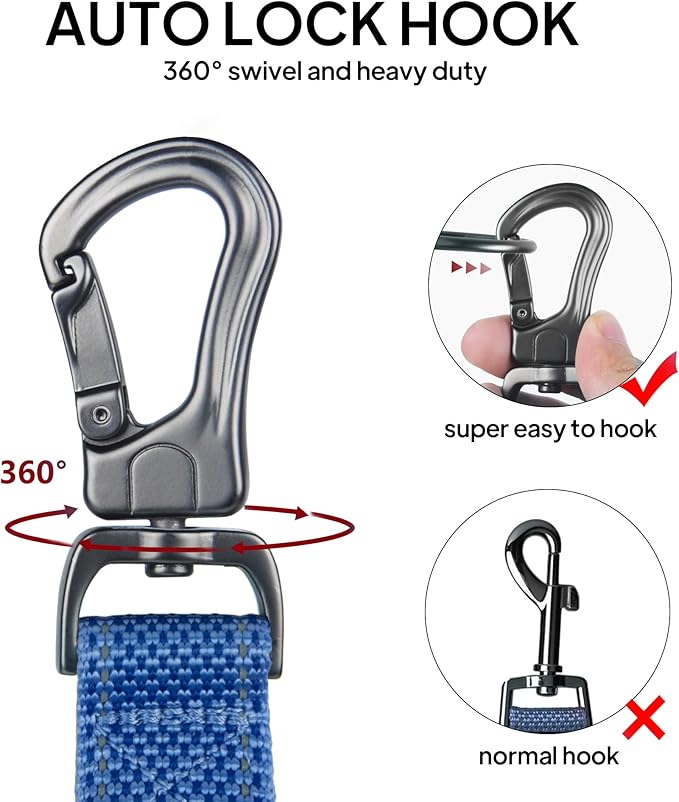 TwoEar 5FT 1IN Strong Dark Blue Dog Leash with 2 Padded Handles, Traffic Handle Extra Control, Comfortable Soft Dual Handle, Auto Lock Hook, Reflective Walking Lead for Small Medium and Large Dogs