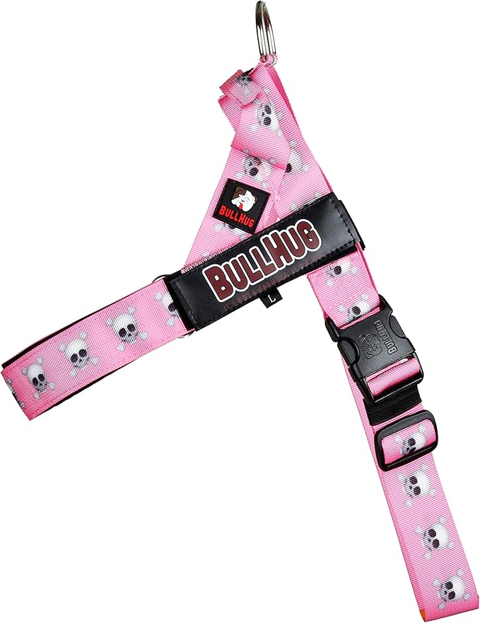 BULLHUG Adjustable Dog Harness– No Pull, No Choke – for English Bulldogs, French Bulldogs, Pugs & Broad-Chested Breeds – Easy, Safe Walks (Pink Skull, Small)