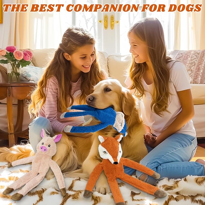 3 Pack No Stuffing Dog Toys Crinkle Squeaky Interactive Plush Dog Toy, not for Aggressive Chewers, to Keep Them Busy,Furry Friend Teething,Shape Orange Fox Pink Pig Blue Hippo