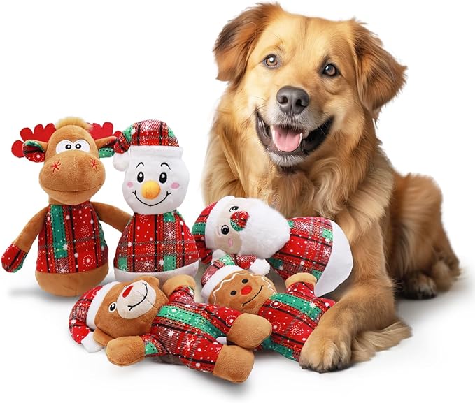 Christmas Dog Toys 5-Pack - Squeaky Holiday Toys for Small and Medium Dogs | Santa Claus, Reindeer, Snowman Designs to Keep Dogs Happy and Engaged