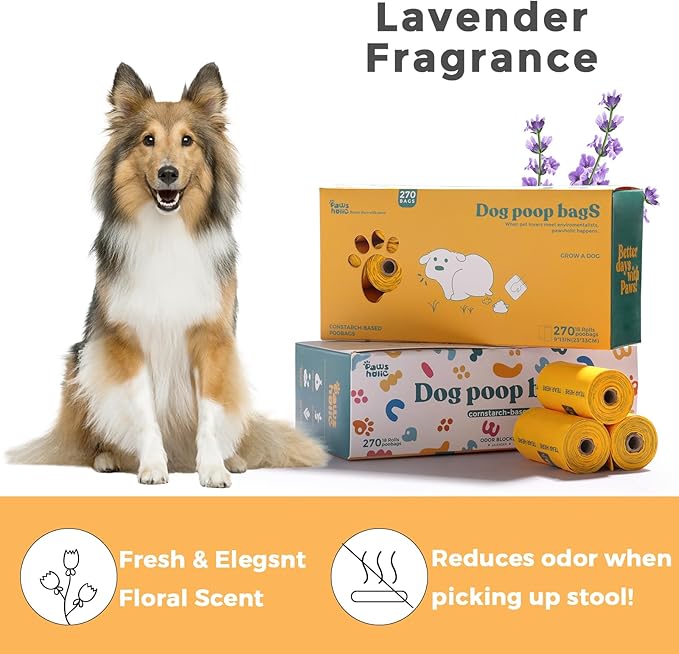 Dog Poop Bags Rolls Guaranteed Leak Proof and Extra thick Poop Bags for Dogs,270 Count 18 Rolls,Lavender Scented,Cornstarch Based Doggie Poop Bag for Puppy and Big Dogs