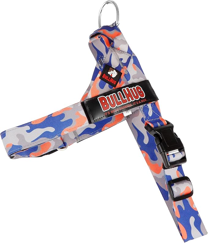 BULLHUG Adjustable Dog Harness– No Pull, No Choke – for English Bulldogs, French Bulldogs, Pugs & Broad-Chested Breeds – Easy, Safe Walks (Orange/Blue Camouflage, Medium)
