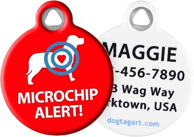 Dog Tag Art Microchip Alert Personalized Pet ID Tag for Dogs, Silent Polymer Coated Dog Tag with Personalized Identification Information - Large 1.25" Diameter