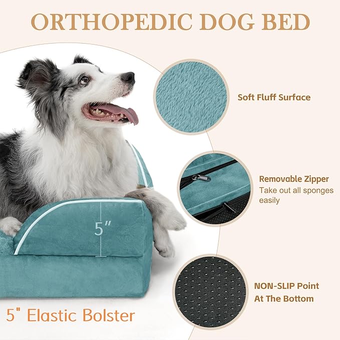 Comfort Expression Orthopedic Dog Bed for Large Dogs 36x27 Inch, Waterproof Supportive Egg Crate Foam Large Pet Bed with Removable Bolster, Dog Couch with Washable Cover & Non-Slip Bottom, Washed Blue