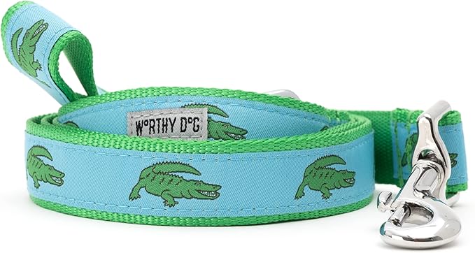 THE WORTHY DOG 5 FT Nylon Dog Leash for Small to Medium Dogs, Metal Quick Clip, Alligators Pattern, Blue, Small