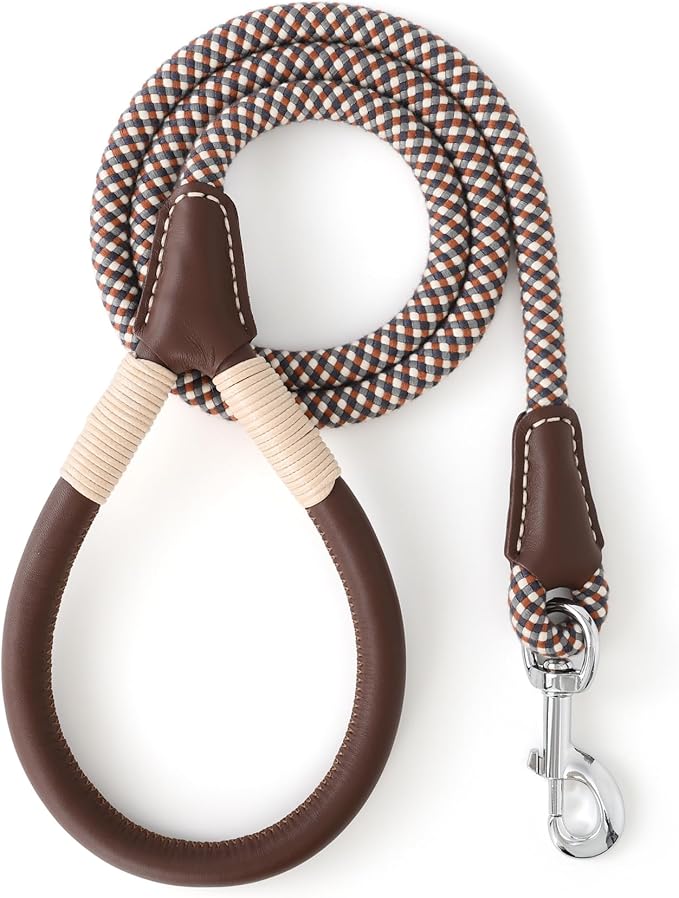 Mile High Life Genuine Leather Wrapped Handle Dog Leash, w Heavy Duty Clasp Rope Leash for Small Medium Large Dogs (Brown, 5FT)