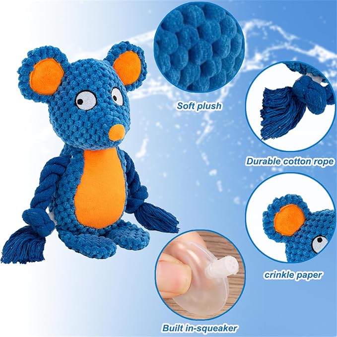Plush Dog Chew Toys,Squeaky Dog Toys for Aggressive Chewers, Stuffed Animals Dog Toys for Small Medium Large Dogs to Keep Them Busy Puppy Teething Toys（Mouse）