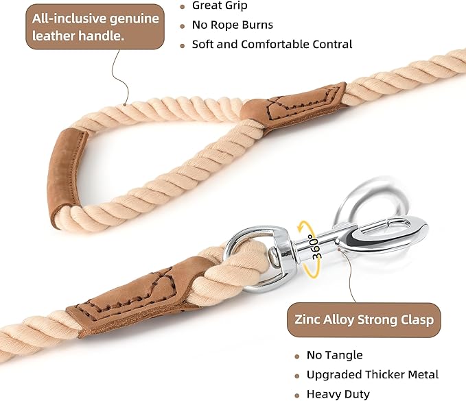 Mile High Life Dog Leash, Braided Cotton Rope Leashes with Leather Handle - Heavy Duty Metal Clasp, 6FT, 1/2" Thick - Wedding, Walking & Training Leash for Small Medium Large Dogs (Light Brown)