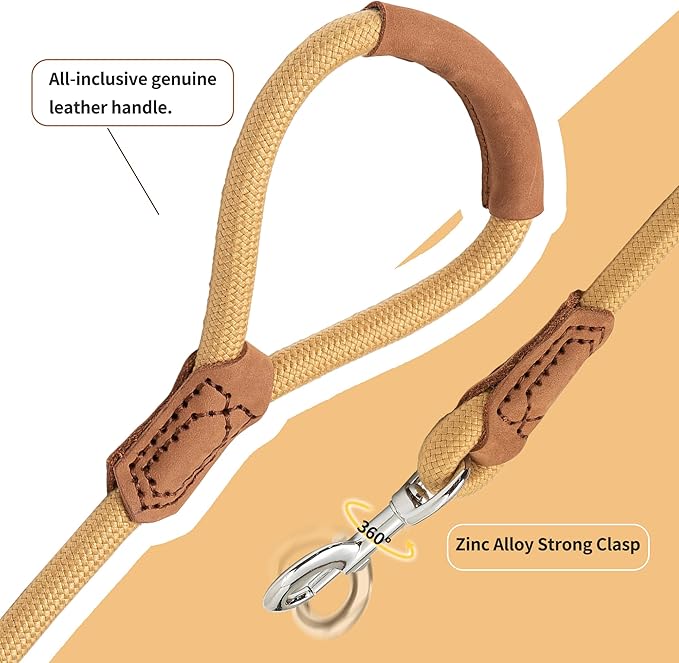 Mile High Life | Premium Leather Handle Dog Leash | Strong Rope Leash | Zinc Alloy Strong Clasp | Small Medium Large Dogs | 4/5/6 Feet(Yellow, 72 Inch (Pack of 1))