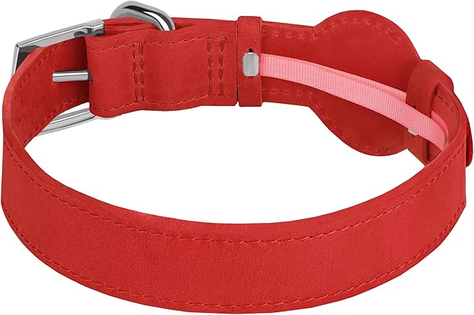 Leather Dog Collar with Airtag Holder - Apple Air Tag Dog Collars - Soft Tracking GPS Pet Collar for Small Medium Large Dogs Breed Puppy (Red, L, 15"-19" Neck Fit)