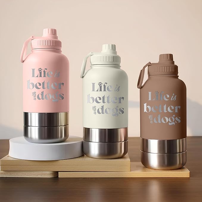 TEEAMORE Life is Better With Dogs Water Tumbler with Bowls Personalized Stainless Steel Travel Bottle White