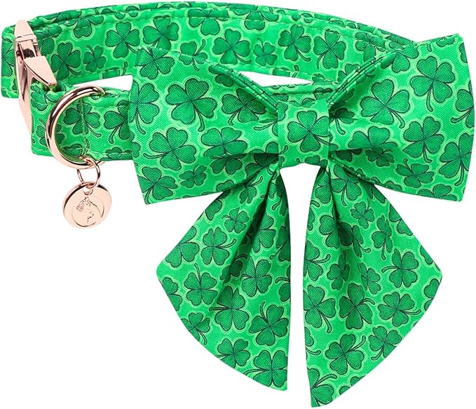 DOGWONG St. Patrick's Day Dog Collar-Cute Clovers Dog Collar with Bow, Cotton Trefoil Bowtie Dog Collars with Metal Buckle for Small Medium Large Dogs