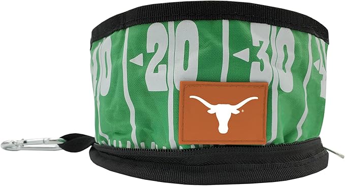Pets First NCAA Texas Longhorns Collapsible Dog Travel Bowl, Food and Water Bowl for Dogs & Cats. Lightweight Leak-Proof Pet Bowl for Travel with Football Field & Pebble-Grain Design