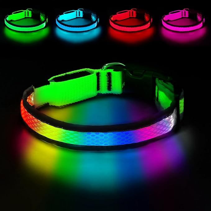LED Dog Collar, Light Up Dog Collar USB Rechargeable, Nylon Adjustable Comfortable Soft Bright RGB 7 Colors Changeing Safety Light Glowing Collar for Medium and Large Dogs(Large,Green)