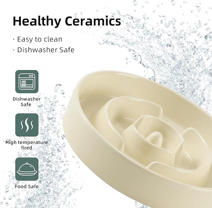 Ceramic 1.2 Cup Slow Feeder Dog Bowl for Medium and Small Breed, 7.3inch Puzzle Dog Food Dish, Anti-Gulping, Stop Bloat, Preventing Choking (Single Bowl-Beige)