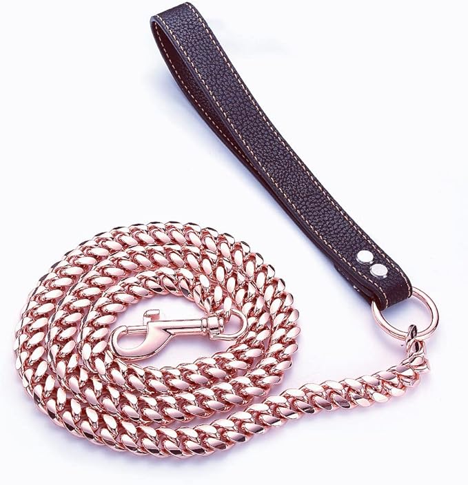 Rose Gold Dog Chain Leash 10MM 14MM Curb Cuban Link Chain Dog Leash Strong Chew Proof Stainless Steel Leash 3FT/4FT/5FT for Small Medium Large Dogs(14mm,4ft)…