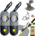 Dog Poop Waste Bags Holder with LED Flashlight|Cute Doggie Poo Bags Dispenser for Pet Leash|Trash Waste Bags Carrier with Potty Clip Fastener LR44 Button Cells Included (Grey, 2 Holder 30 Bags)