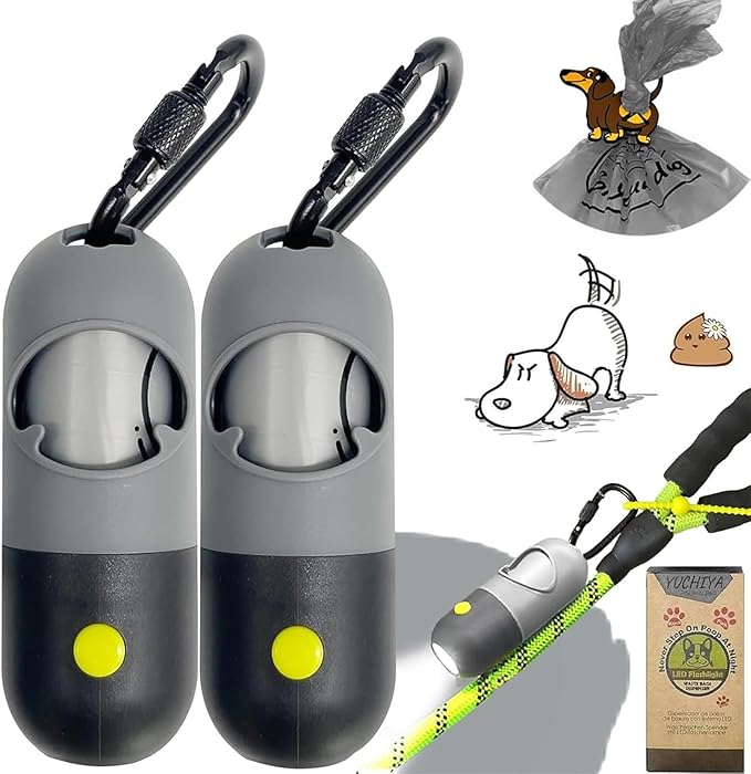 Dog Poop Waste Bags Holder with LED Flashlight|Cute Doggie Poo Bags Dispenser for Pet Leash|Trash Waste Bags Carrier with Potty Clip Fastener LR44 Button Cells Included (Grey, 2 Holder 30 Bags)