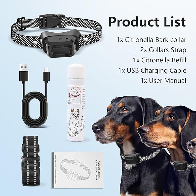 Citronella Dog Bark Collar, Anti Bark Collar with 3 Adjustable Spray & Sensitivity Level [1 Citronella Spray Refill] Automatic No Shock Dog Barking Collar for Small Medium Large Dogs