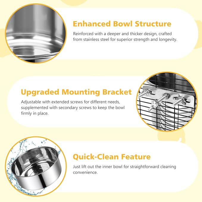 Large Dog Crate Water Bowl No Spill 2 Pack, Stainless Steel Dog Bowls for Food and Water, Pet Kennel Hanging Dogs Food Bowls for Medium/Large Dogs and Cats (7.1"x3.7" & 7.1"*2.6", Silver)