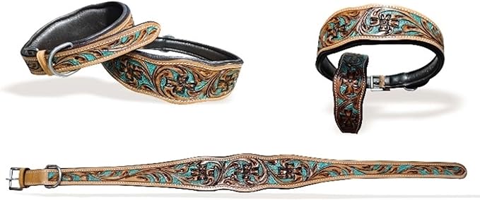Majestic Ally Leather Dog Collar with Adjustable, Padded Fit for Walking, Hiking, and Running, Designer Western Wear for Puppies, Fancy Colors (Turquoise - Natural, Small)