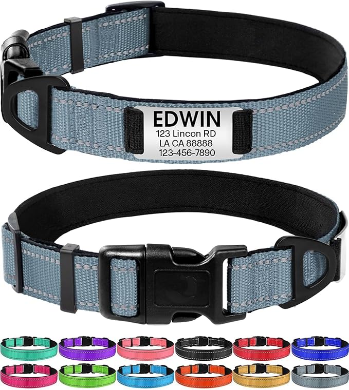 Joytale Personalized Dog Collars with Engraved Name Plate, Silent No Jingle Custom Nylon Collar with Fixed ID Tag, Reflective Soft Neoprene Padded Breathable for for Large Dogs, Gray