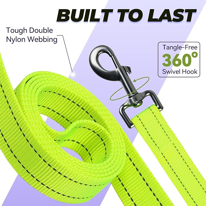 VIVAGLORY Twingrip Dog Leash, Double Handle Dog Leash for Training & Walking with Traffic Handle & 2 Loop, Traffic Control Reflective Heavy Duty for Puppy Pet, 4ft x 1in, Bright Yellow