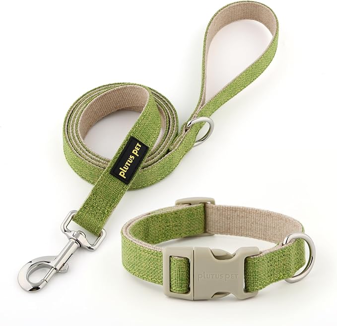 Plutus Pet Cotton Hemp Dog Collar and Leash Set, Adjustable Collar for Small, Medium, and Large Dogs, Heavy Duty and Soft on Skin, Green, XS