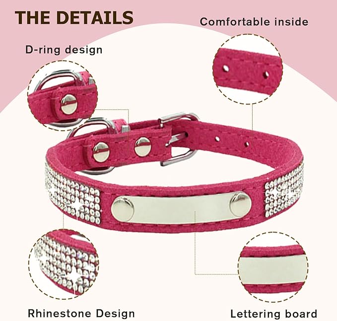 Personalized Dog Collar with Rhinestone Name Tag - Glitter Polyester Collar Adjustable [Rose red,S]