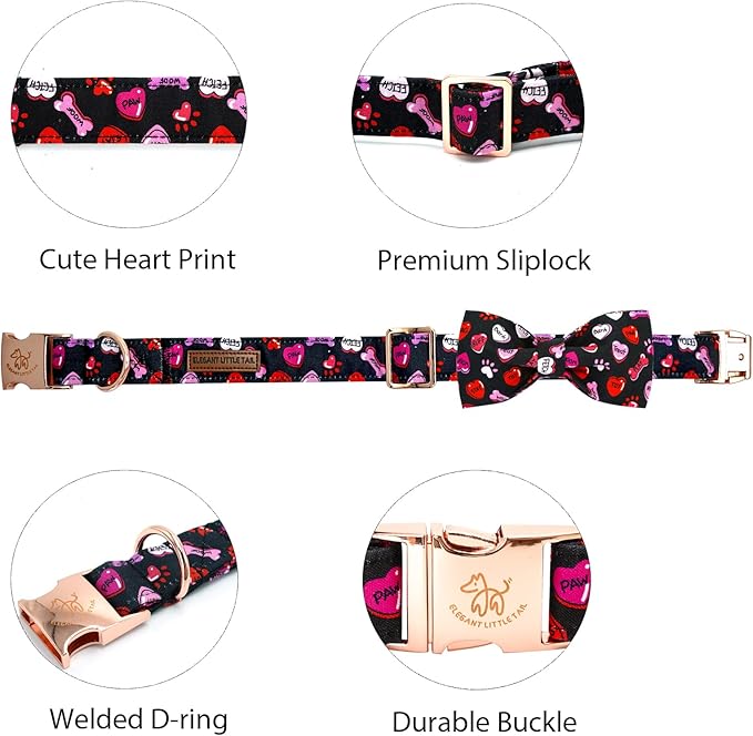Elegant little tail Valentine's Dog Collar，Cute Heart Dog Collar with Bow for Large Dogs, Female or Male Adjustable Cotton Pet Collar Puppy for Small Medium Large Dogs