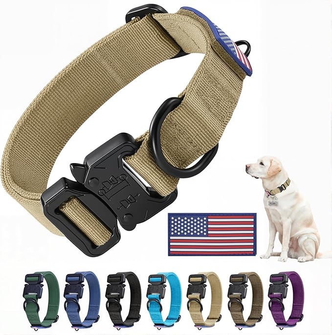 Heavy Duty Tactical Dog Collar Adjustable Nylon Pet Collars Quick Release Buckle with 2 D-Rings Patch for Medium, Large Dogs (Khaki, Size M)