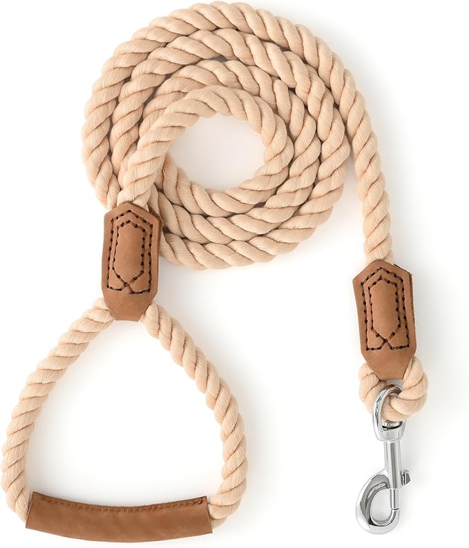 Mile High Life Dog Leash, Braided Cotton Rope Leashes with Leather Handle - Heavy Duty Metal Clasp, 5FT, 1/2" Thick - Wedding, Walking & Training Leash for Small Medium Large Dogs (Light Brown)